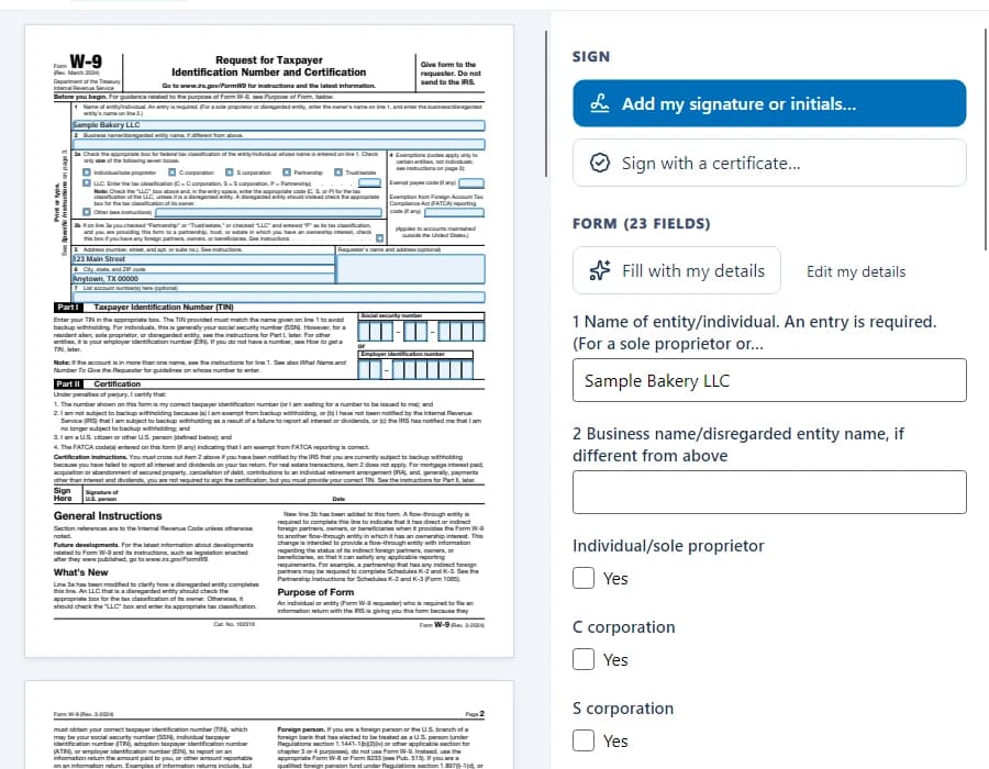 A W-9 form filled in with SepiaDoc, with the Sign panel offering a drawn, typed or certificate signature